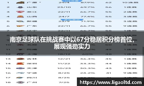 南京足球队在挑战赛中以67分稳居积分榜首位，展现强劲实力